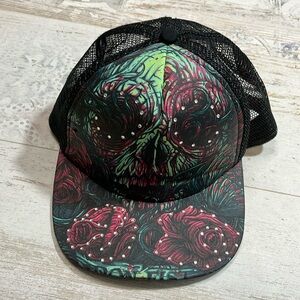 Rare! Iron Fist Skull Rose Jeweled Trucker Hat